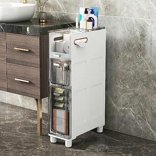MEILISHAOMEI Schmaler Badezimmerschrank mit 5 Ebenen, schmaler WC-Aufbewahrungsschrank, Aufbewahrungsturm mit transparenten Schubladen und Rollen, stabiler schmaler Kommodenturm für Badezimmer von MEILISHAOMEI