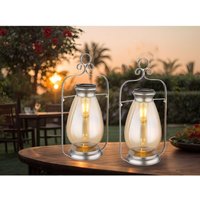 Meinewunschleuchte - 2er Set led Solarlaternen Silber mit bernsteinfarbigem Lampenschirm, h 36,5cm Meinewunschleuchte - 2er Set led Solarlaternen Silber mit bernsteinfarbigem Lampenschirm, h 36,5cm von MEINEWUNSCHLEUCHTE