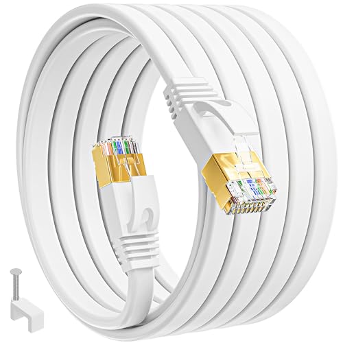 Lan Kabel 15 Meter Cat 7, Flach Netzwerkkabel Dünn 15m Weiß Wlan Kabel High Speed Lankabelverlaengerung Gigabit Ethernet Kabel Weiss RJ45 Internetkabel 10Gbps 600MHz Patchkabel für Router Modem von MEIPEK