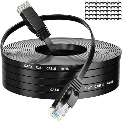 LAN Kabel 50 Meter Cat 6, Flach Wlan Kabel 50M Netzwerkkabel High Speed Schwarz Ethernet Kabel RJ45 Kabel Dünn Internetkabel 1Gbps Patchkabel Gigabit Lankabelverlaengerung für Router Modem von MEIPEK