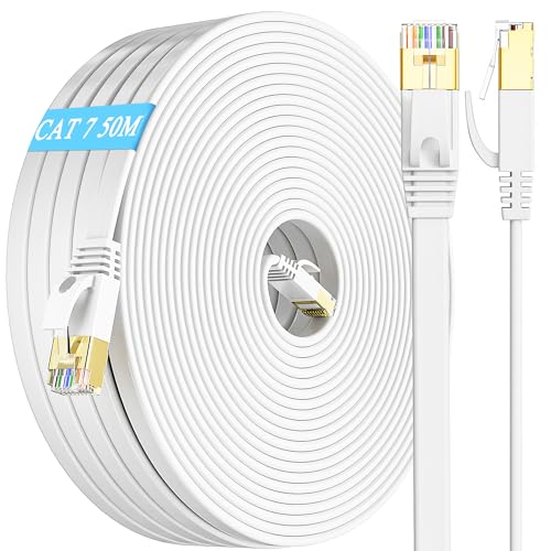 Ethernet Kabel 50m Cat 7 Flach Netzwerkkabel 50 Meter Weiß Hochgeschwindigkeits 10Gbit/s Wlan Kabel Gigabit Ethernet Kabel RJ45 Internetkabel Dünn Patchkabel für Switch Router Modem von MEIPEK
