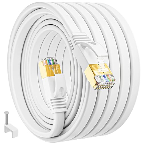 MEIPEK Ethernet-Kabel 50m Cat 7 Flach Netzwerkkabel 50 Meter Weiß Hochgeschwindigkeits 10Gbit/s Wlan Kabel Gigabit Ethernet Kabel RJ45 Internetkabel Dünn Patchkabel für Switch Router Modem von MEIPEK