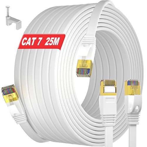 LAN Kabel 25 meter weiß, Cat 7 Flach Netzwerkkabel 25m, Hochgeschwindigkeits Ethernet Kabel 25 meter, RJ45 Internet Patchkabel Weiss für Router PS5 Xbox Switch Modem, schneller als cat6 & cat5 von MEIPEK