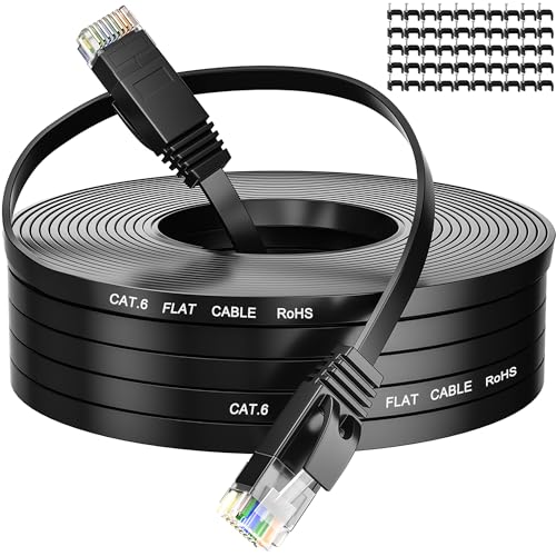 LAN Kabel 50 Meter Cat 6, Flach Netzwerkkabel 50m High Speed Schwarz Ethernetkabel, RJ45 Dünn Internetkabel 1Gbps Patchkabel Gigabit Lankabelverlaengerung für Router Modem von MEIPEK