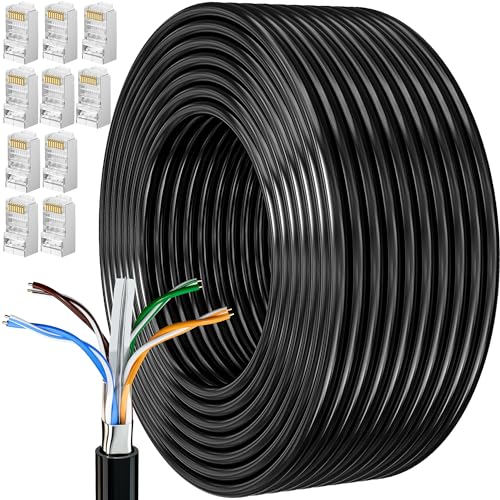 MEIPEK Lan Kabel 50 meter Verlegekabel Outdoor Netzwerkkabel Lange 50m Installationskabel Patchkabel Cat 6 Draussen Ethernet-Kabel FTP 23AWG Geschirmtes Rj45 Internet Kabel Schwarz von MEIPEK