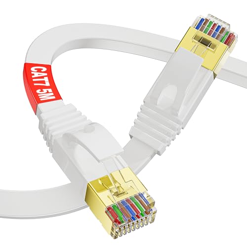 LAN Kabel 5 meter weiß, Cat 7 Flach Netzwerkkabel 5m, RJ45 Gigabit Hochgeschwindigkeits Ethernet Kabel, FTP Geschirmtes Internet Kabel, 600Mhz Breitband Patchkabel für Switch Router Modem Xbox PS5 von MEIPEK