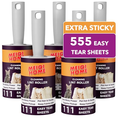 Fusselrollen für Tierhaare Extra klebrig, 500 Blatt Mega Value Set Fusselrolle mit 5 verbesserten Griffen, 5 Rollen Tragbarer Tierfusselentferner für Kleidung, Teppich, Hund & Katzenhaarentfernung von MEIQIHOME
