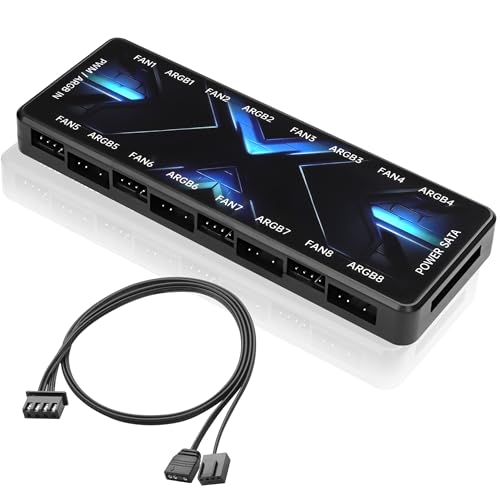 MEIRIYFA ARGB PWM Controller Hub 12V 4Pin PWM & 5V 3Pin ARGB mit SATA Power 2-in-1 Hub 8-Wege PC Fall Fan Controller für LEDs, Computer von MEIRIYFA