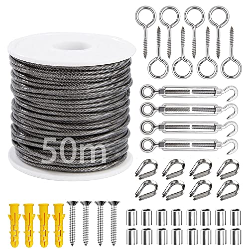 Drahtseil 2mm,50m Stahlseil,304 Edelstahl Drahtseil Set,Edelstahlseil mit PVC-Beschichtung,Drahtseil Rankhilfe Kit mit M5 Spannschloss Seilspanner,Ösenschraube,Seilkauschen(45PCS) von MEISHANG