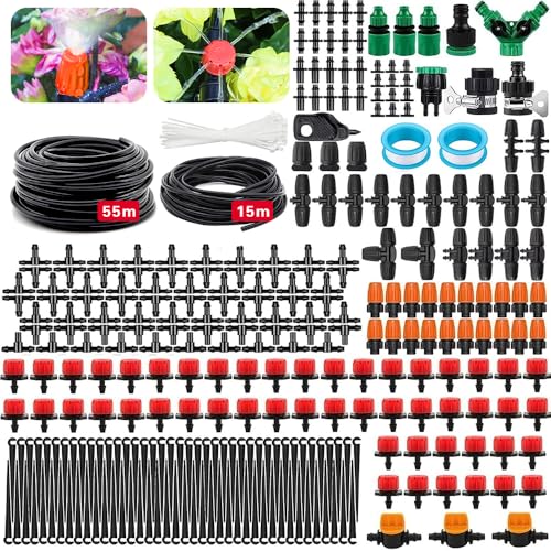 Bewässerungssystem Garten,340 Stück Gartenbewässerung Set,55M+15M Bewässerungsrohre,DIY Automatisches Tröpfchenbewässerung Set für Garten,Rasen,Gemüsegarten,Bauernhof von MEISHANG