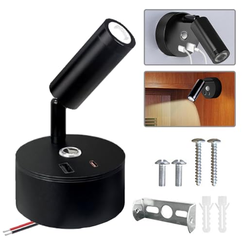 MEISHANG 12V LED Lampe Wohnmobil,Bettlampe mit USB und USB-C-Schnittstelle,3 Beleuchtungsmodi,Drehbare Wandlampe für Boot Wohnwagen Innenbeleuchtung Yacht, Fest verdrahtet Wandmontage (Schwarz) von MEISHANG