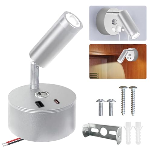 MEISHANG 12V LED Lampe Wohnmobil,Bettlampe mit USB und USB-C-Schnittstelle,3 Beleuchtungsmodi,Drehbare Wandlampe für Boot Wohnwagen Innenbeleuchtung Yacht, Fest verdrahtet Wandmontage (Silber) von MEISHANG