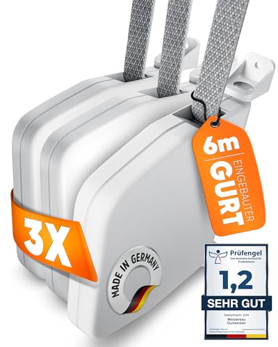 MEISTERBAU - Rolladen Gurtwickler Aufputz 14mm [Made in Germany] - 3 Stück - Aufklappbarer Rollladen Aufwickler mit Integriertem 6m Rolladengurt 14mm - 180° schwenkbarer Rolladen-Gurtwickler von MEISTERBAU