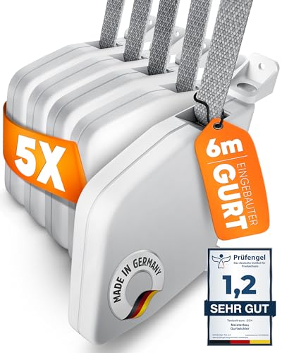 MEISTERBAU - Rolladen Gurtwickler Aufputz 14mm [Made in Germany] - 5 Stück - Aufklappbarer Rollladen Aufwickler mit Integriertem 6m Rolladengurt 14mm - 180° schwenkbarer Rolladen-Gurtwickler von MEISTERBAU
