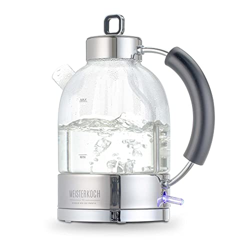 Meisterkoch Kessel-Wasserkocher WK-161G aus Glas, 1,6 Liter, Kalkfilter, Wasserstandsanzeige, Öffnen per Knopfdruck, Trockengehschutz & Abschaltautomatik, verdecktes Heizelement, BPA-frei, 2200 Watt von MEISTERKOCH KOCHEN WIE DIE PROFIS