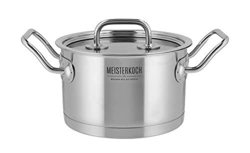 MEISTERKOCH Topf Kochtopf Fleischtopf 16 cm Induktion, Edelstahl unbeschichtet inkl. Glasdeckel | 9,5 cm hoher Rand, 1,5 Liter Volumen | spülmaschinengeeignet, für alle Herdarten geeignet von MEISTERKOCH KOCHEN WIE DIE PROFIS