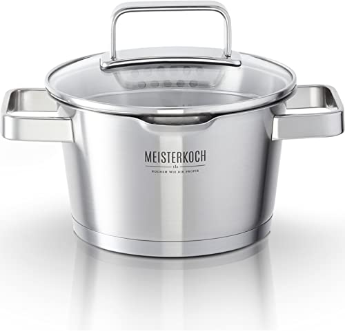 MEISTERKOCH Topf aus gebürstetem Edelstahl 16 cm Ø | mit Ausguss, Innenskalierung und isolierenden Kaltgriffen | 1 Glasdeckel mit feinem und grobem Sieb | Kochgeschirr rostfrei, induktionsgeeignet von MEISTERKOCH KOCHEN WIE DIE PROFIS