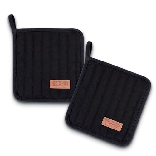 MEISTERKOCH Topflappen 2er Set Topfuntersetzer Schwarz, 100% Baumwolle, 250°C hitzebeständig, PU beschichtet, waschbar bei 40°C, Steppnaht von MEISTERKOCH KOCHEN WIE DIE PROFIS