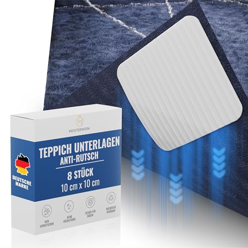 MEISTERWERK Antirutschunterlage für Teppiche - (EXTRA STARKER Halt) Rückstandslos entfernbar | Waschbare, rutschfeste Pads für sicheren Halt | Wiederverwendbar, 8er-Set, Teppichhalter von MEISTERWERK