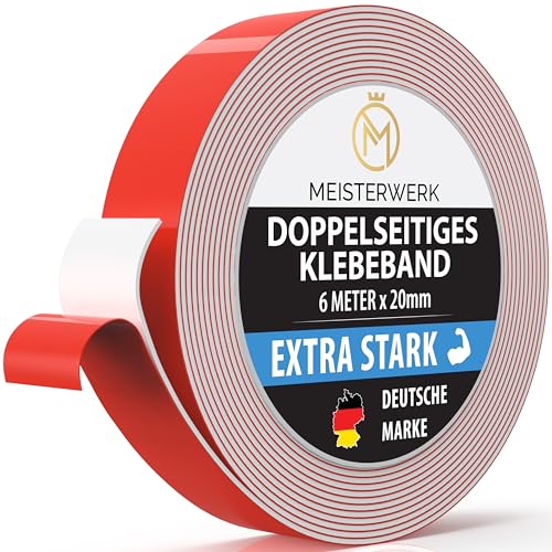 MEISTERWERK Doppelseitiges Klebeband ohne Bohren - Universelles Montageband I Doppelseitiges Klebeband stark I Doppelklebeband Klebeband (6m x 20mm) von MEISTERWERK