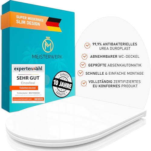 MEISTERWERK Toilettendeckel mit Absenkautomatik - WC Sitz mit 99,9% Antibakterieller Oberfläche - Toilettensitz mit Quick Release & Softclose Funktion Klodeckel - D-Form (Weiß) von MEISTERWERK