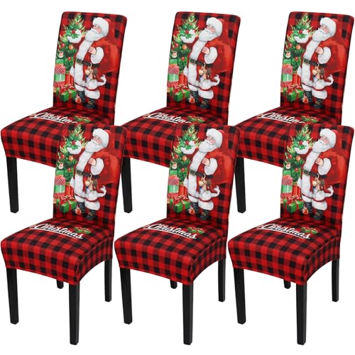 MEIVINES Stuhlhussen Weihnachten 6er Set Weihnachts Stuhlhussen Stretch Stuhlhussen Weinachtsdekorationen Stuhlbezug Universal Xmas Stuhlbezüge für Festival (6 Stück,Weihnachtsmann und Weihnachtsbaum) von MEIVINES