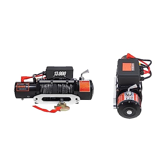 12V elektrische Winde for 4X4 80FT synthetische Autoanhänger Seile Abschleppgurt mit drahtloser Steuerung ATV Truck Off Road(13000lbs Black Rope) von MEIVIYA
