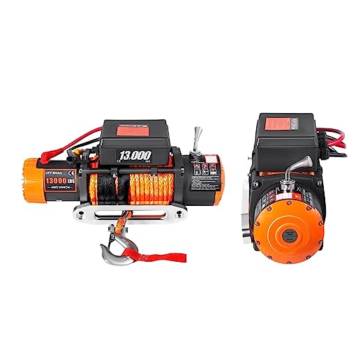 12V elektrische Winde for 4X4 80FT synthetische Autoanhänger Seile Abschleppgurt mit drahtloser Steuerung ATV Truck Off Road(13000lbs Orange Rope) von MEIVIYA