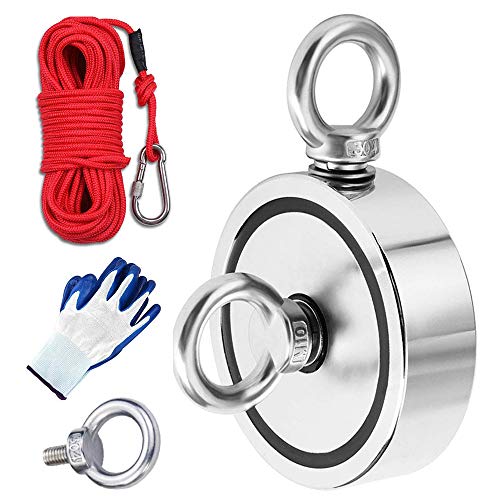 MEIXI 816KG Haftkraft Doppelseitig Neodym Ösenmagnet mit Seil (20M/66ft) und einem Paar Handschuhen, Super Stark Magnete Perfekt zum Magnetfischen Magnet Angel Ø 94mm mit Öse Neodymium Topfmagnet von Aoligei