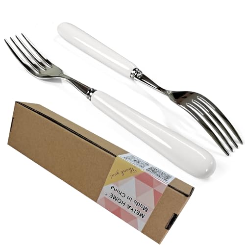 MEIYAHOME 2 Stück Hohe Qualität Hauptgabel,18-10 Edelstahl Menuegabel Weiß Keramischer Griff,SUS304 Steak Gabel, Abendessen Gabel, 8-Zoll 20.5cm,Ideal Für Zuhause,Restauroom, Hotel (2) von MEIYAHOME