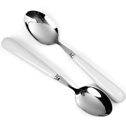 MEIYAHOME 20 cm feiner Esslöffel mit rundem Rand, hochwertiger 18–10 Edelstahl, weißer Keramikgriff, Suppenlöffel, Spiegelpolierbesteck, Hauptmahlzeitlöffel, sus304 Esslöffel (2 Stück) von MEIYAHOME