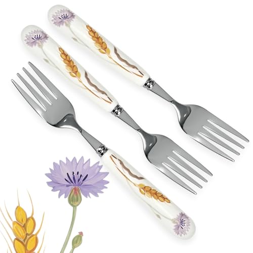 MEIYAHOME Menügabel, Kornblumen, violette Blumen und Weizen, Ode-Serie, glatt polierender, weißer Keramikgriff, Flüstern von Weizen, Pastorale Steakgabel (3 Gabeln) von MEIYAHOME