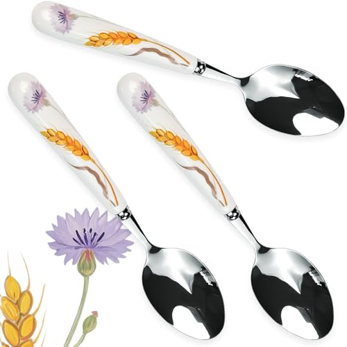 MEIYAHOME Menügabel, Kornblumen, violette Blumen und Weizen, Ode-Serie, glatt polierender, weißer Keramikgriff, Flüstern von Weizen, Pastorale Steakgabel (3 Löffel) von MEIYAHOME