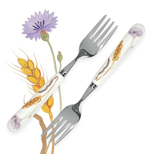 MEIYAHOME Menügabel, Kornblumen, violette Blumen und Weizen, Ode-Serie, glatt polierender, weißer Keramikgriff, Flüstern von Weizen, pastorale Steakgabel (2 Gabeln) von MEIYAHOME