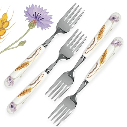 MEIYAHOME Menügabel, Kornblumen, violette Blumen und Weizen, Ode-Serie, glatt polierender, weißer Keramikgriff, Flüstern von Weizen, pastorale Steakgabel (4 Gabeln) von MEIYAHOME