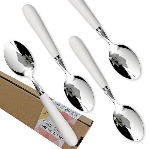 MEIYAHOME Sus304 Dessertlöffel aus hochwertigem 18–10 Edelstahl, feiner Dessertlöffel mit rundem Rand, weißer Keramikgriff, verspiegeltes Besteck für tägliche Mahlzeiten, Gastgeber (4 Löffel, 16,5 cm) MEIYAHOME Sus304 Dessertlöffel aus hochwertigem 18–10 Edelstahl, feiner Dessertlöffel mit rundem Rand, weißer Keramikgriff, verspiegeltes Besteck für tägliche Mahlzeiten, Gastgeber (4 Löffel, 16,5 cm) von MEIYAHOME