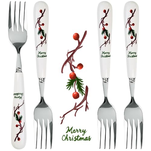 MEIYAHOME Yule Steakgabel SUS304 aus hochglanzpoliertem Keramikgriff, Weihnachtsserie Ilex Cornuta Fruchtmuster, 20 cm, SUS304 (4 Gabeln) von MEIYAHOME