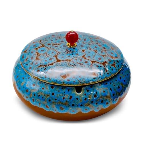 Keramik Aschenbecher mit Deckel, winddicht, Zigaretten Windaschenbecher, Retro Keramik Aschenhalters für Raucher, Schreibtisch Raucher Aschenbecher für Zuhause und Büro Dekoration (14.7X9.4cm) von MEIYAXINWIN