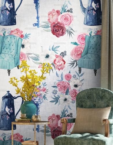 MEIZONGHUOJI Selbstklebend Tapete AquarellBlumen, Stuhl, Wasserkocher 45 * 600CM Selbstklebende Folie Abnehmbar Vinyl Klebefolie Wasserdicht Dekorfolie für Wohnzimmer Schlafzimmer Küche Wand Möbel von MEIZONGHUOJI