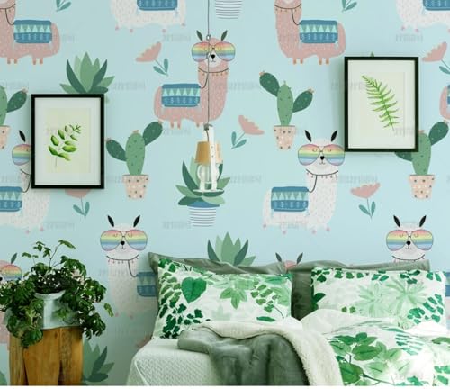 MEIZONGHUOJI Selbstklebend Tapete Kaktus Alpaka Cartoon Blau Tapete 45 * 300Cm Selbstklebende Folie Abnehmbar Vinyl Klebefolie Wasserdicht Dekorfolie Für Wohnzimmer Schlafzimmer Küche Wand Möbel von MEIZONGHUOJI