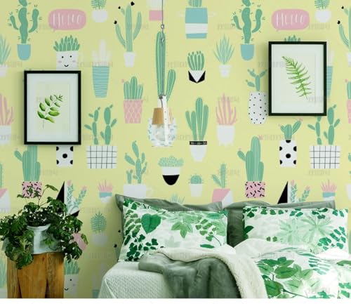 MEIZONGHUOJI Selbstklebend Tapete Kaktus Cartoon Hellgelb Tapete 45 * 300Cm Selbstklebende Folie Abnehmbar Vinyl Klebefolie Wasserdicht Dekorfolie Für Wohnzimmer Schlafzimmer Küche Wand Möbel von MEIZONGHUOJI