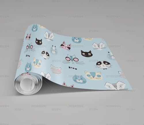MEIZONGHUOJI Selbstklebend Tapete Katze Cartoon Blau Tapete 45 * 300Cm Selbstklebende Folie Abnehmbar Vinyl Klebefolie Wasserdicht Dekorfolie Für Wohnzimmer Schlafzimmer Küche Wand Möbel von MEIZONGHUOJI