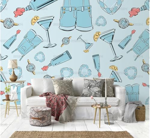 MEIZONGHUOJI Selbstklebend Tapete Kleidung Weinglas Cartoon Blau Tapete 45 * 300Cm Selbstklebende Folie Abnehmbar Vinyl Klebefolie Wasserdicht Dekorfolie Für Wohnzimmer Schlafzimmer Küche Wand Möbel von MEIZONGHUOJI