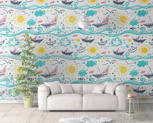 Selbstklebend Tapete Segelboot Cartoon Auf Den Wellen Tapete 45*300Cm Selbstklebende Folie Abnehmbar Vinyl Klebefolie Wasserdicht Dekorfolie Für Wohnzimmer Schlafzimmer Küche Wand Möbel von MEIZONGHUOJI
