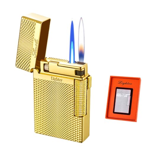 Butan aufblasbares winddichtes Doppelflammen-High-End-Schleifrad-Zigarettenanzünder, stahlfarbenes Metallfeuerzeug, verstellbares Flammenfackelfeuerzeug, for Männer (Farbe : Gold1 von MEJEJO