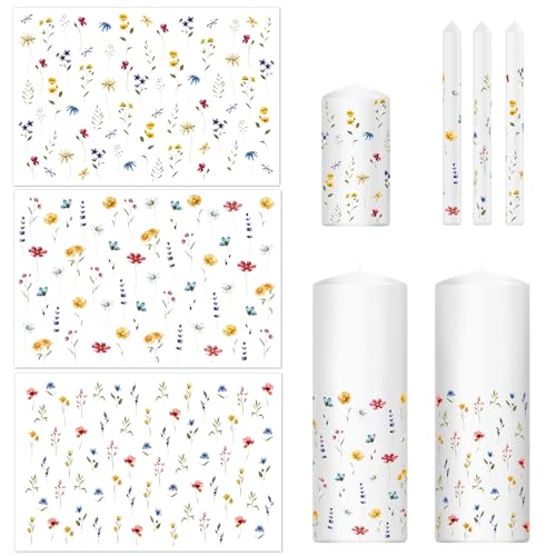 MEJOSER 3 Stück Tattoos Blumen 30x18.5cm Kerzentattoos Temporäre Tattoos Folie Aufkleber Sticker Kerzenfolie Wasserschiebefolie Kerzensticker Deko Hochzeit Geburtstag Sommer Taufe Babyparty von MEJOSER