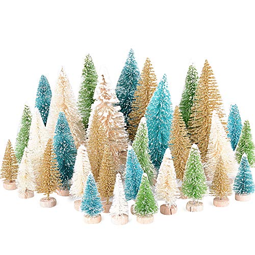 MEJOSER 32 Stück Weihnachtsbaum Künstlich Miniatur Klein Mini Grün Tannenbaum mit Schnee-Effek Weihnachtsdeko 4.5cm 8.5cm 12.5cm Christbaum für Tischdeko, DIY, Schaufenster (4Farbe) von MEJOSER