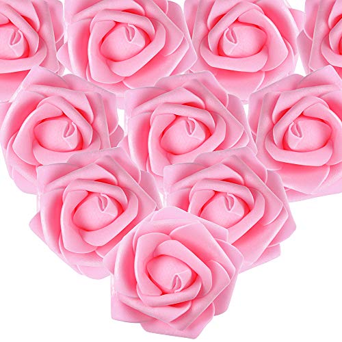 MEJOSER 50 Stück künstliche weiße Rose, 7 cm, Blumen-Motiv, Valentinstag, Weiß, Dekoration für Hochzeit, Party, Zeremonie, Haarzubehör (Dunkelrosa) von MEJOSER