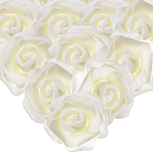 MEJOSER 50 Stück künstliche weiße Rose, 7 cm, weißer Blumenkopf, Dekoration, Hochzeit, Party, Zeremonie, Haar-Accessoires (milchig) von MEJOSER