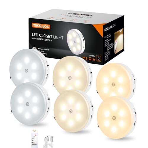 MEKKLEON Kabelloses LED-Puck-Licht Fernbedienung,3 Farbtemperaturen,dimmbar,für Schrank,Schrank,wiederaufladbar,für Bar,Flur,Treppe,Küche,6 Stück von MEKKLEON